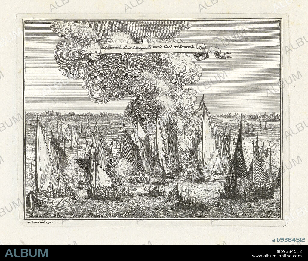 Battle of the Slaak, 1631, Defaitte de la Flotte Espagnolle sur le Slaek, 13e. Septembr. 1631 (title on object), The battle on the Slaak, September 12-13, 1631, between the State and Spanish fleets. This plate together with another plate printed on one page., print maker: Bernard Picart (attributed to), intermediary draughtsman: Bernard Picart (mentioned on object), Northern Netherlands, 1732 - 1733, paper, etching, height 107 mm × width 137 mm.