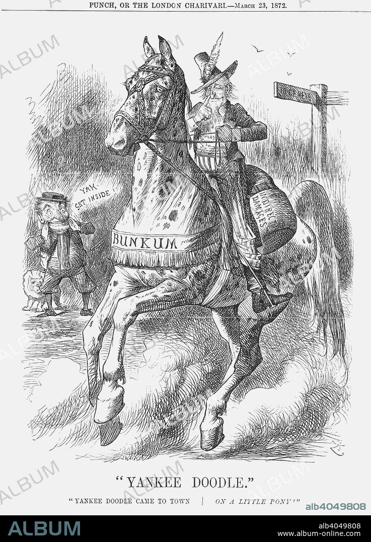 Yankee Doodle, 1872. America rides into Geneva on a spotted circus horse with Mr Punch heckling in the background. This cartoon relates to a matter that had been going on since the end of the American Civil War. The Alabama Claims had been prompted by the damage done to American commerce by the 'Alabama', a privateer fitted out in England. The main issue was whether England should have accepted responsibility for preventing the ship from leaving England. The amount of the claim for indirect damages continued to grow. The persons appointed to arbitrate on the claim were now meeting in Geneva. A 'pony' can also refer to the old slang term for the sum of £25.00. From Punch, or the London Charivari, March 23, 1872.
