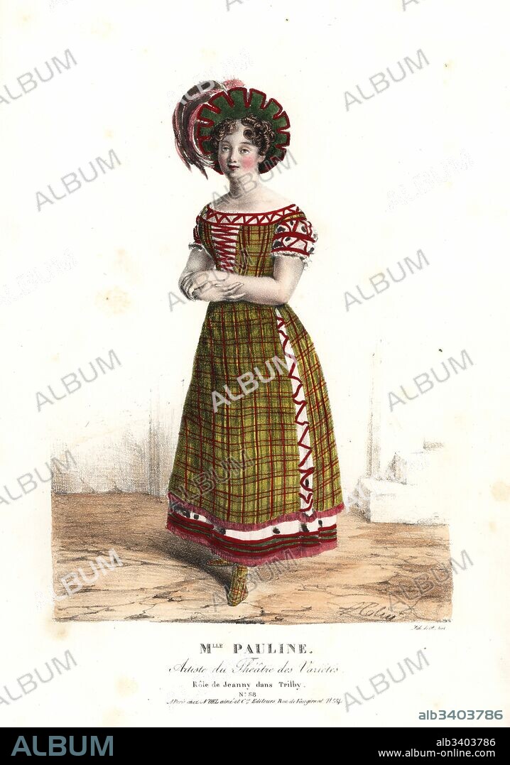 Mlle Pauline as Jeanny in the vaudeville piece Trilby by Theaulon, Lafontaine and Jouslin, Theatre des Varietes, 1823. Handcoloured lithograph by F. Noel after an illustration by Alexandre-Marie Colin from Portraits d'Acteurs et d'Actrices dans different roles, F. Noel, Paris, 1825.