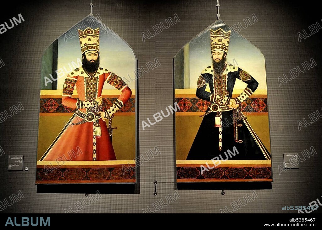 Exhibit, portrait of Sultan Hasan al-Sultani and Shaykh Ali Mizra, Museum of Islamic Art, Corniche, Doha, Qatar, Persian Gulf, Middle East, Asia