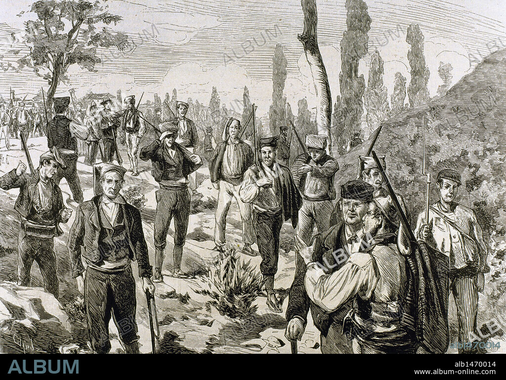 El SOMATEN en la montaña, cerca de Berga (provincia de Barcelona, Cataluña). Grabado de Capuz. "La Ilustración Española y Americana" (1875) .