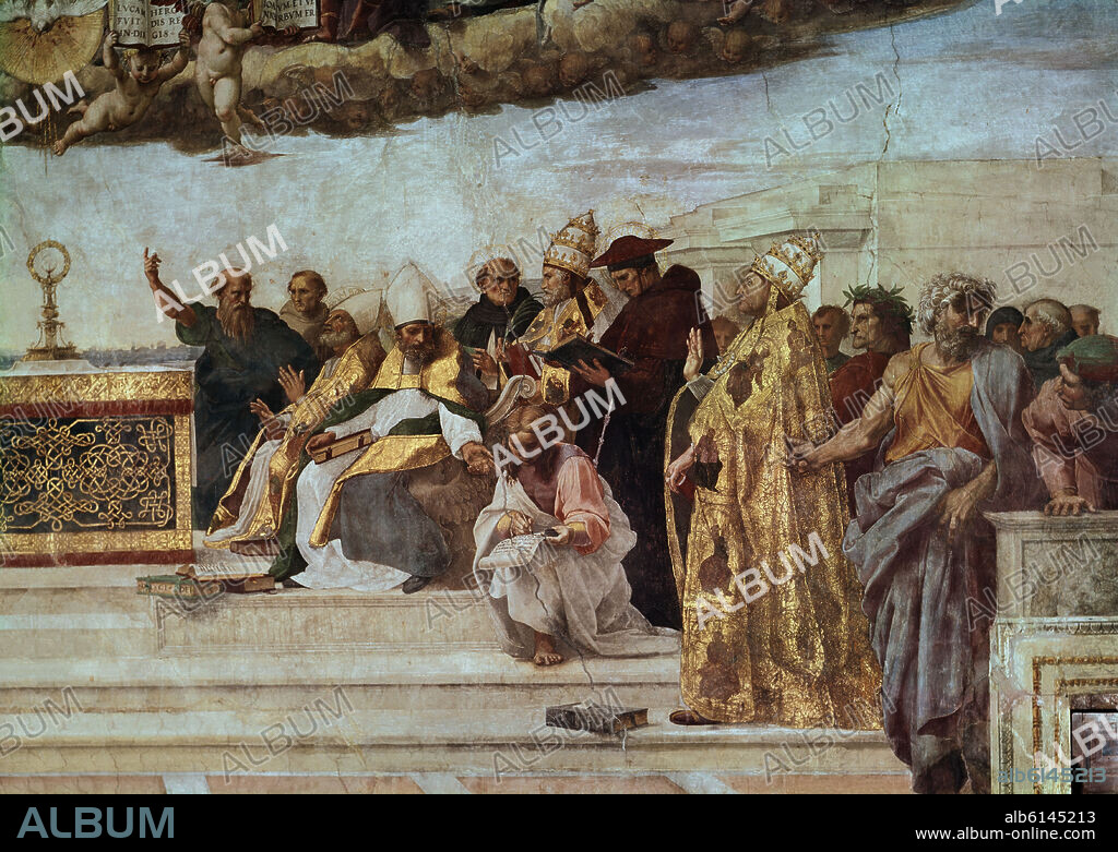 RAFAEL SANZIO O RAFAEL DE URBINO. DISPUTA DEL SACRAMENTO O TRIUNFO DE LA RELIGION FRESCO DE LA ESTANCIA DEL SELLO PINTADO EN 1509. DETALLE LATERAL DERECHO.