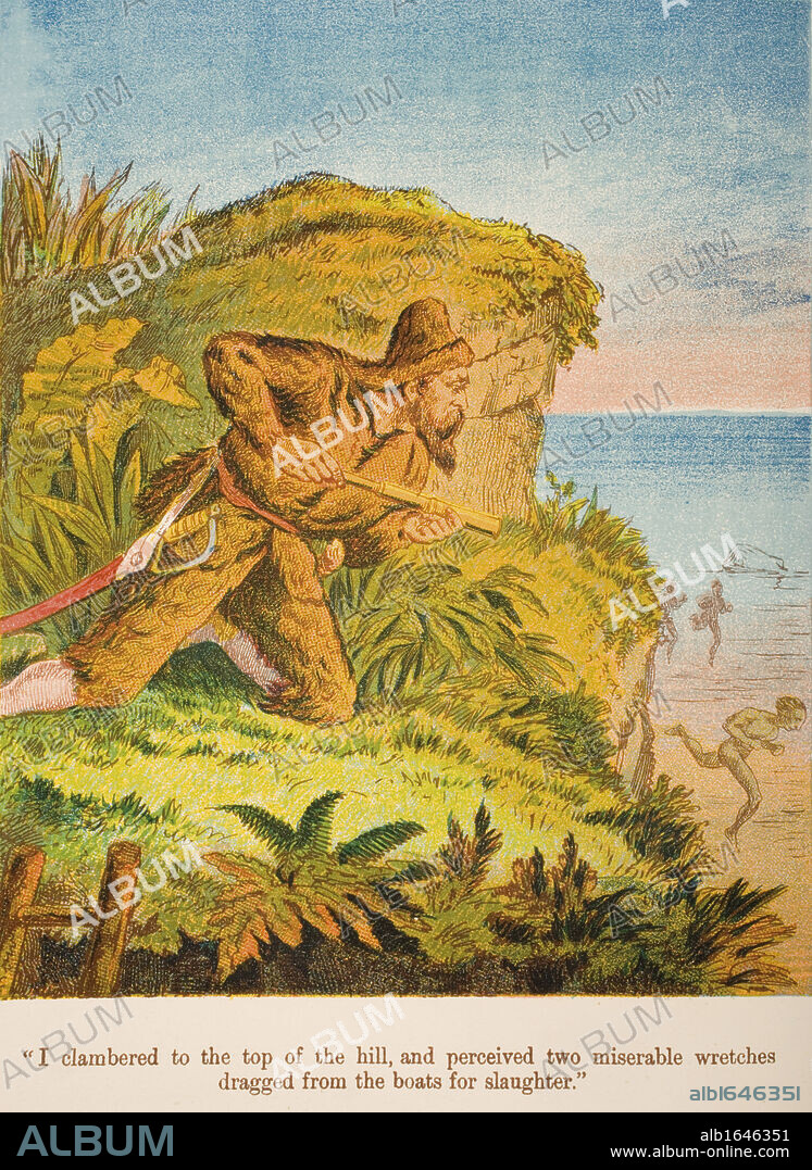 Chromolithographic illustration from Life and Adventures of Robinson Crusoe by Daniel Defoe from a softback edition published circa 1860s.