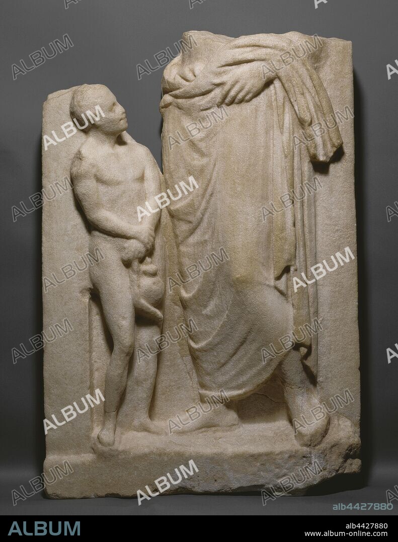 Grave Naiskos of a Standing Youth and a Nude Boy, Unknown, Greece (Attica), about 360 B.C. or modern, Marble, 74 × 50.2 × 13.3 cm (29 1/8 × 19 3/4 × 5 1/4 in.).