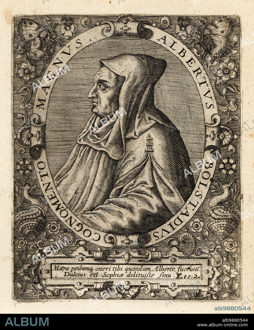 Albert the Great or Albertus Magnus, German Catholic Dominican friar and bishop, 1193-1280. Albertus Bolstadius Cognomento Magnus. Copperplate engraving by Johann Theodore de Bry from Jean-Jacques Boissards Bibliotheca Chalcographica, Johann Ammonius, Frankfurt, 1650.