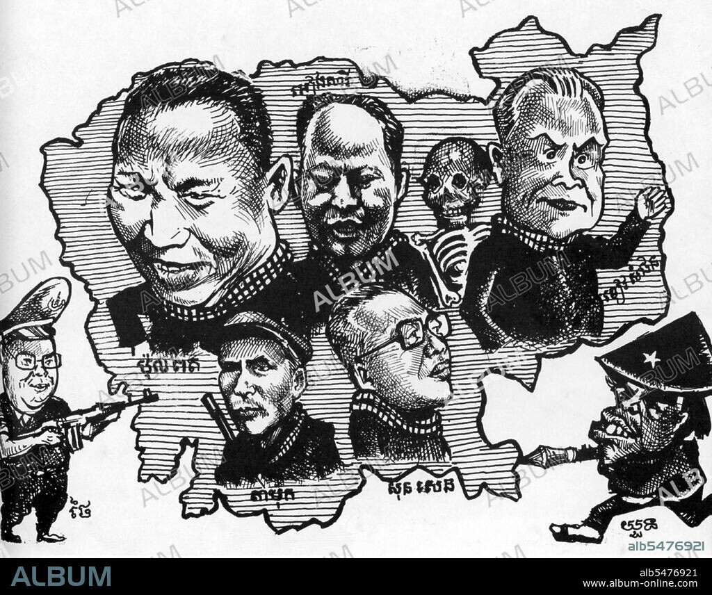 Cartoon from a Khmer newspaper: The surviving Communist Part of Kampuchea leadership in 1994, including (clockwise from left) Pol Pot, Ieng Sary, Khieu Samphan, Ta Mok and Son Sen. External threats included a Neanderthal 'Yuon' (Vietnamese) soldier with an RPG-7 and a rather insipid Thai soldier readily identifiable as General Chavalit Yongchaiyudh. The Khmer Rouge, or Communist Party of Kampuchea, ruled Cambodia from 1975 to 1979, led by Pol Pot, Nuon Chea, Ieng Sary, Son Sen and Khieu Samphan. It is remembered primarily for its brutality and policy of social engineering which resulted in millions of deaths. Its attempts at agricultural reform led to widespread famine, while its insistence on absolute self-sufficiency, even in the supply of medicine, led to the deaths of thousands from treatable diseases (such as malaria). Brutal and arbitrary executions and torture carried out by its cadres against perceived subversive elements, or during purges of its own ranks between 1976 and 1978, are considered to have constituted a genocide. Several former Khmer Rouge cadres are currently on trial for war crimes in Phnom Penh.