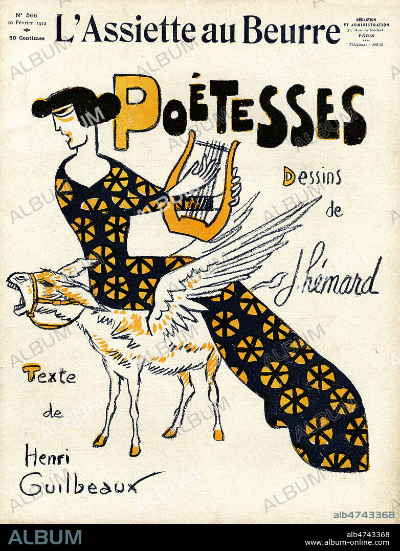 JOSEPH HÉMARD. Femme jouant de la lyre, assise sur un ane aile. Erato, muse de la poesie. Illustration par J. HEMARD (1880-1961 = ADAGP) pour L'Assiette au Beurre du 10 fevrier 1912, numero intitule 'Poetesses'. Credit : Collection KHARBINE-TAPABOR.