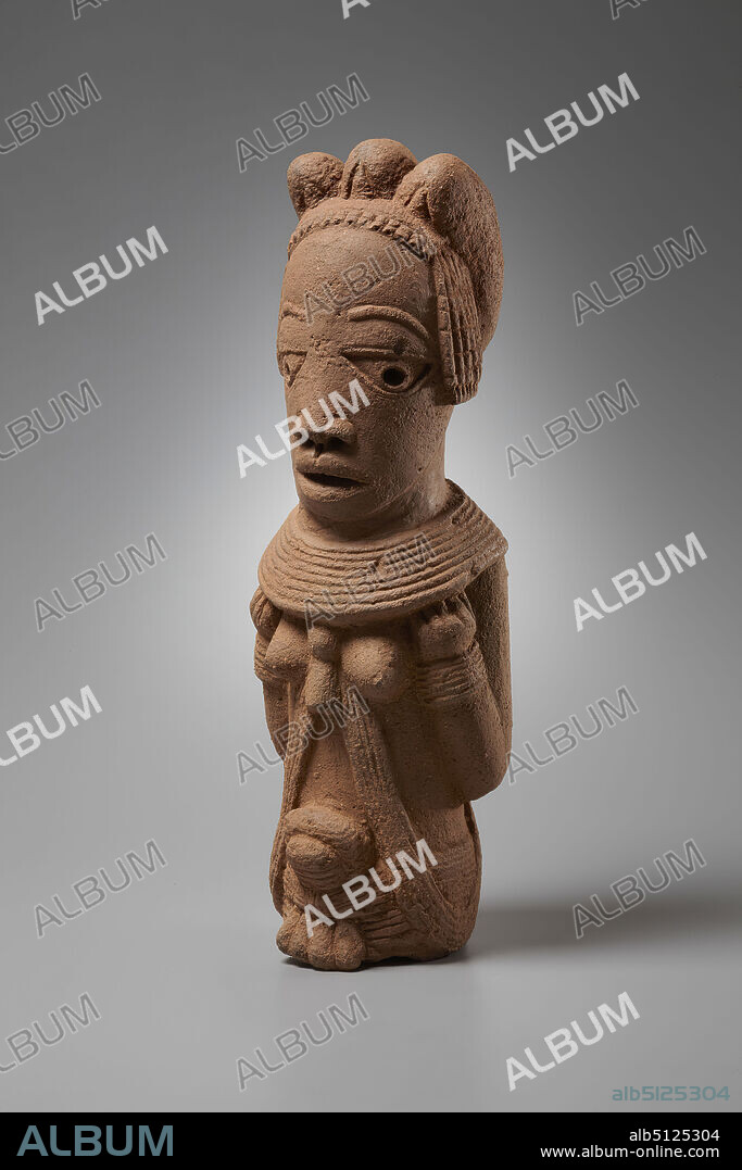 Female Figure, ca. 900300 B.C.E., Terracotta, 18 × 6 1/2 × 6 in. (45.72 × 16.51 × 15.24 cm), Made in Nigeria, Nok, Sculpture.