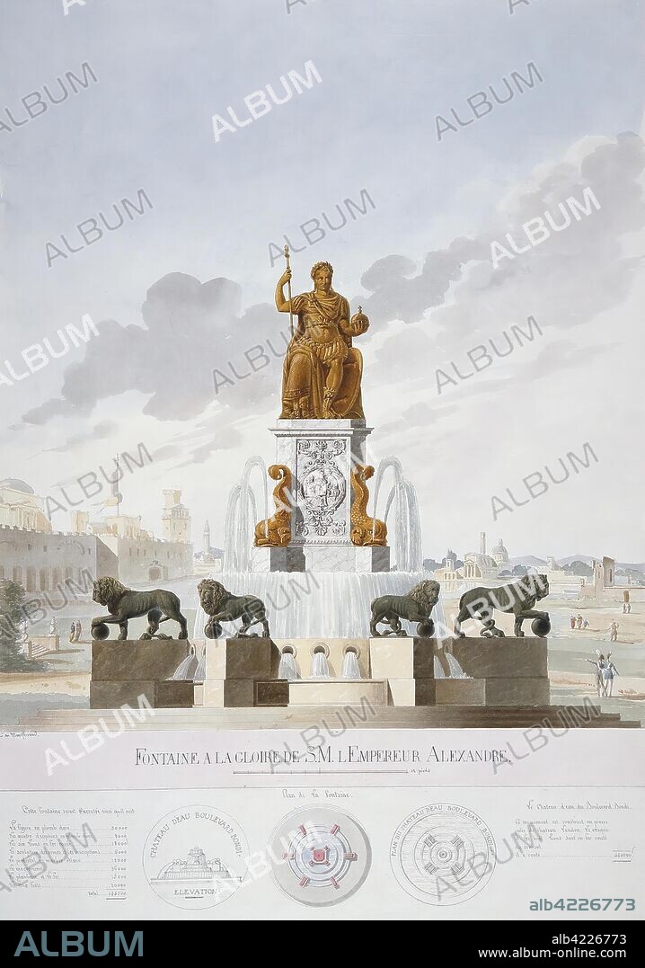AUGUST RICARD DE MONTFERRAND. 'Fountain in Honor of Alexander I'. Album "Different architectural projects presented by and dedicated to Alexander I by Auguste Montferrand". France, 1814. Dimensions: 71x50,6 cm.