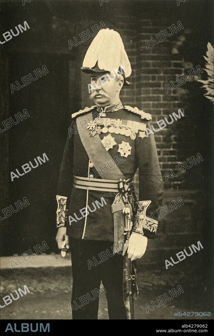 M H HACK. 'General Sir Redvers Buller', 1901. Portrait of British Army officer Redvers Henry Buller (1839-1908). Buller won the Victoria Cross at Inhlobane, in the Zulu War, 1879. Commander-in-chief of the British army at the beginning of the Second Boer War (1899-1902) before being replaced by Lord Roberts, he led the force which relieved the siege of Ladysmith in 1900. From "The Life and Deeds of Earl Roberts, Vol. IV. - To Lord Roberts's Reign in Pall Mall", by J. Maclaren Cobban. [T. C. & E. C. Jack, Edinburgh, 1901].