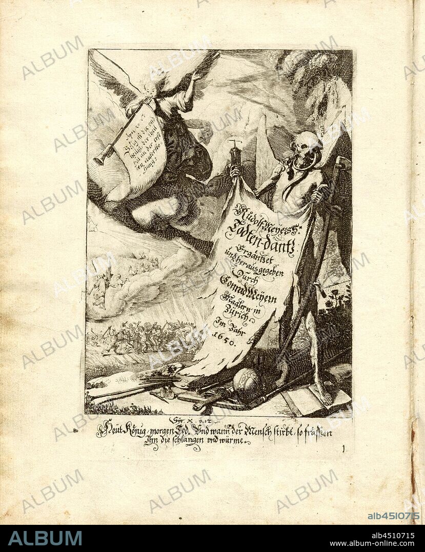 Today King tomorrow death, And when man dies, the serpents eat and eat him, frontispiece, Meyer, Conrad (fec.); Meyer, Rudolf (fec.), Rudolf Meyer; Conrad Meyer: Die menschliche Sterblichkeit unter dem Titel Todten-Tanz [...]. Hamburg; Leipzig: [s. n.]. 1759.