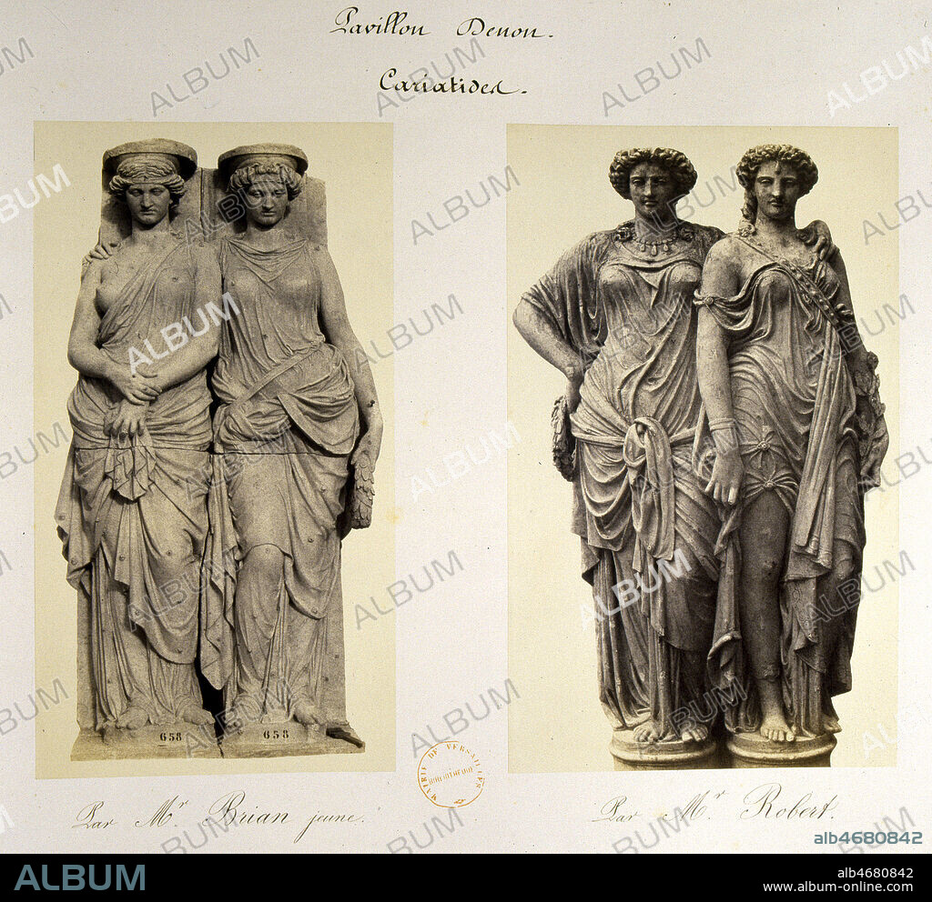 Pavillon Denon. Deux groupes de deux cariatudes. Illustration tiree du recueil de photographies 'Reunion des Tuileries au Louvre 1852-1857' (19e, 19eme, XIXe s.) Credit : JEAN VIGNE / KHARBINE-TAPABOR.