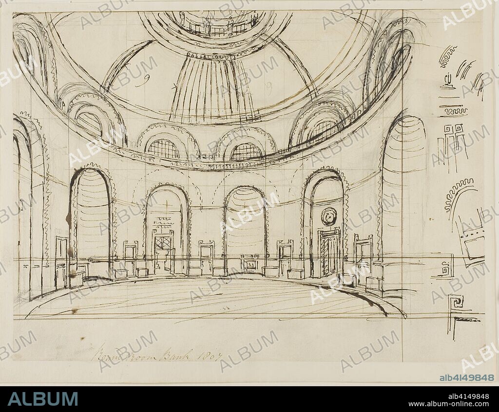 Round Room Bank. Augustus Charles Pugin; English, born France, 1762-1832. Date: 1807. Dimensions: 227 × 304 mm. Pen and brown ink and graphite, on cream wove paper. Origin: England.