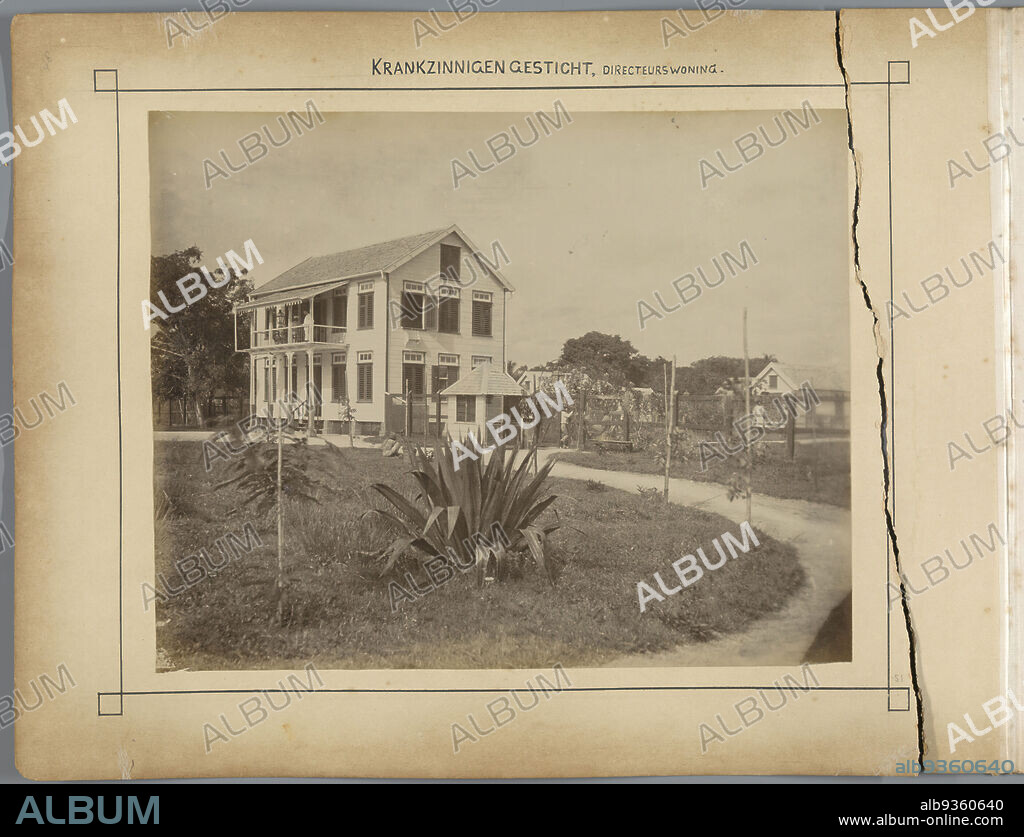 Insane asylum, director's house (title on object), Director's house at the insane asylum Wolfenbüttel, near Paramaribo., Julius Muller, C.J. Chapman, Suriname, 1898 - 1902, albumen print, height 217 mm × width 272 mm × height 297 mm × width 437 mm.
