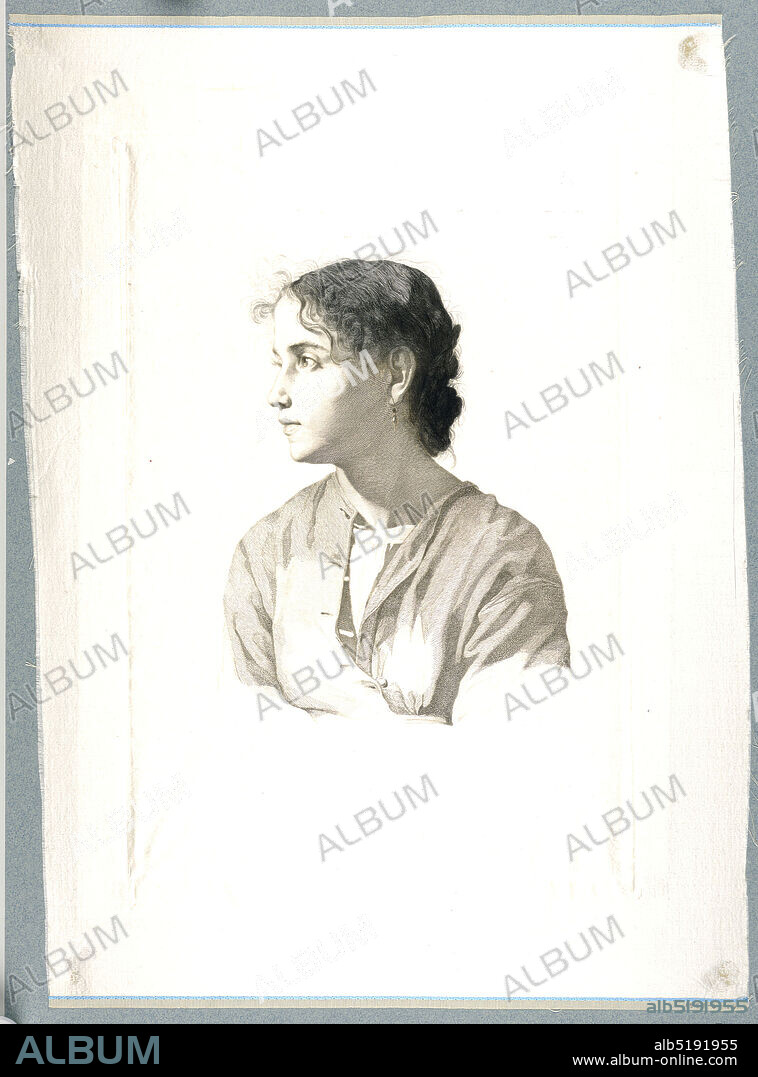Marietta, Hans Meyer, German, active in Italy, 1846 - 1919, Etching in dark brown ink on white satin, Bust-length portrait of a young woman shown frontally, slightly turned to the left. She is looking left. Her dress is unbuttoned at the neck and she wears a pendant earring., Germany, 1871, Print, Print.
