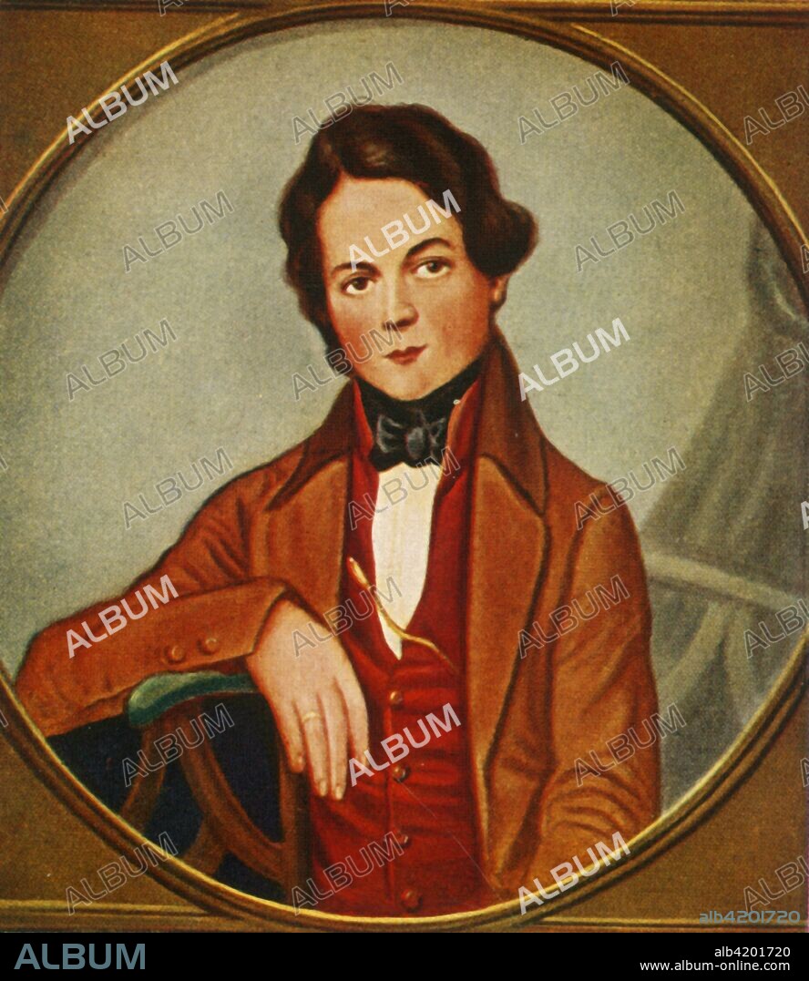 'Robert Schumann', (1933). Portrait of German composer and influential music critic Robert Schumann (1810-1856). From "Gestalten Der Weltgeschichte", a book of cigarette-card portrait miniatures of figures in world history from the last four hundred years. [Germany, 1933].