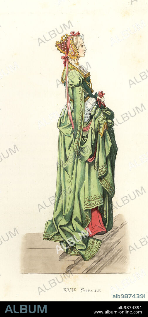 Young woman of Flanders, 16th century. In long green silk robe with gold embroidery, muslin sleeves, blonde hair under a headdress of gold, velvet and pearls. After a tapestry of David and Bathsheba, Musee de Cluny. Flandre, Damoiselle. Handcolored lithograph after an illustration by Edmond Lechevallier-Chevignard from Georges Duplessis's Costumes historiques des XVIe, XVIIe et XVIIIe siecles (Historical costumes of the 16th, 17th and 18th centuries), Paris, 1867. Edmond Lechevallier-Chevignard was an artist, book illustrator, and interior designer.