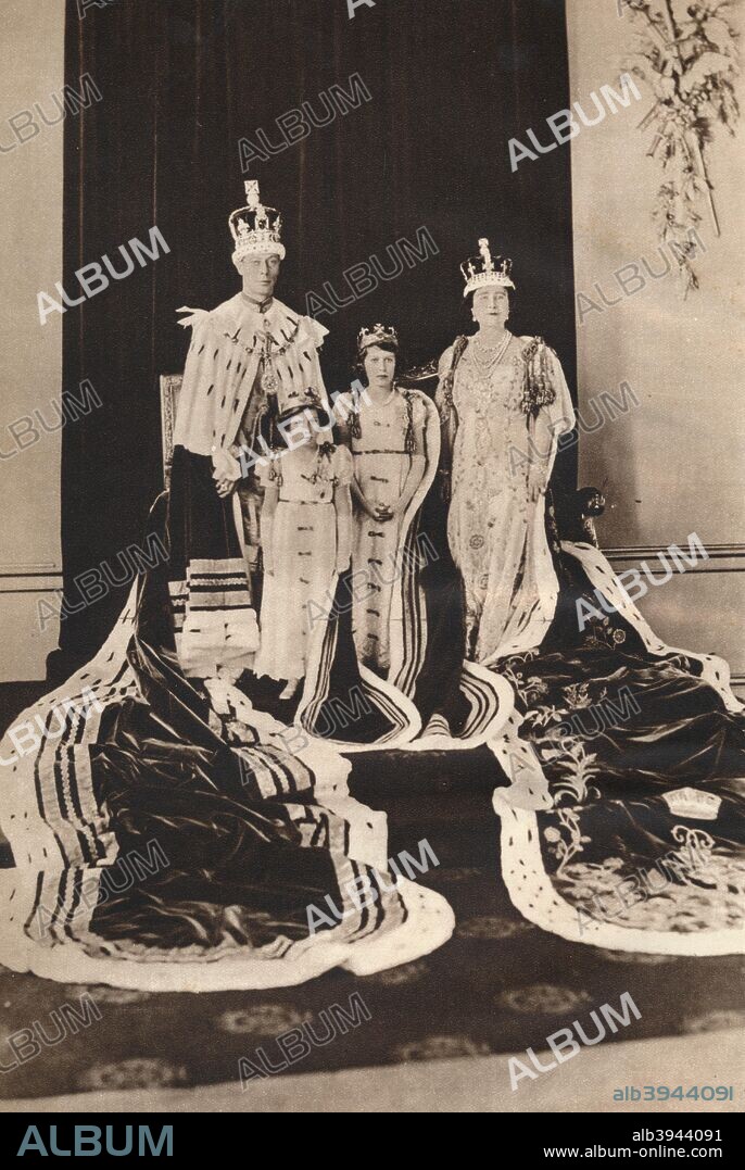 'King George VI and Queen Elizabeth on their Coronation Day, 1937; with Princess Elizabeth (later Queen Elizabeth II) and Princess Margaret'. From The Coronation of King George VI and Queen Elizabeth. [Odhams Press Ltd., London, 1937].