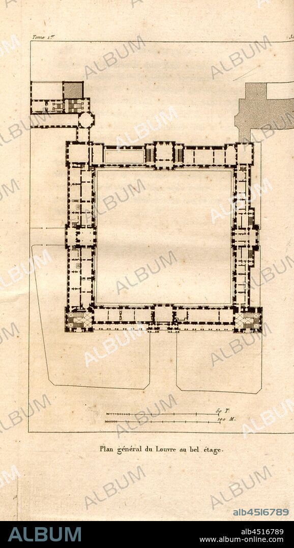 General plan of the Louvre on the first floor, Floor plan of the bel étage in the Louvre in Paris, 35, after p. 258, p. 336, Landon (direxit), J. G. Legrand; C. P. Landon: Description de Paris et de ses édifices: avec un précis historique et des observations sur le caractère de leur architecture, et sur les principaux objets d'art et de curiosité qu'ils renferment. Seconde édition, corrigée avec soin dans toutes ses Parties, et considérablement augmentée. Bd. 1. Paris. Strasbourg. Treuttel et Würtz, 1818.