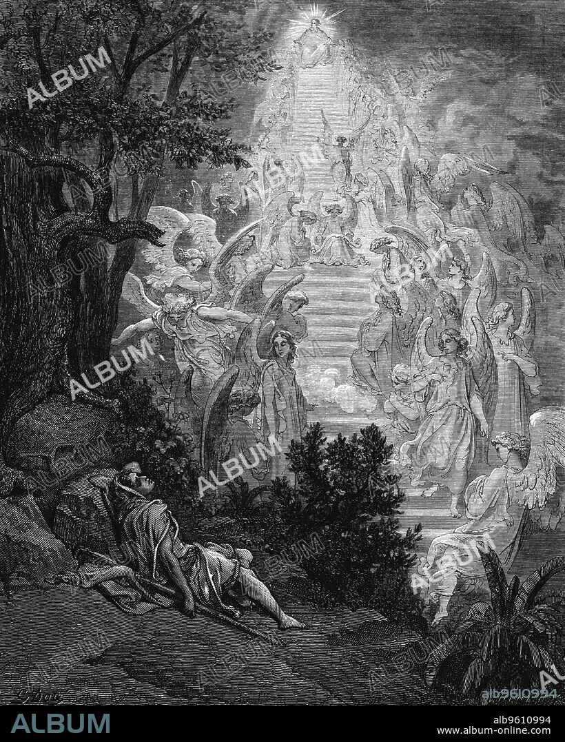 GUSTAVE DORé. Jacob's dream of a stairway leading to heaven with God at the top, 1865-1866. From Gustave Dore's Bible (Genesis 28:12).