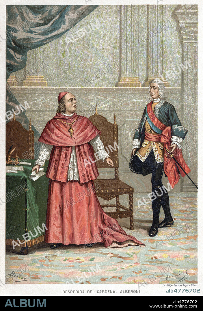 Le cardinal Julio ALBERONI (1664-1752) recoit l'ordre de quitter l'Espagne le 5 decembre 1719. Illustration de Juan ALAMINOS pour Historia des Espana vers 1885. Credit : Coll. Jonas/Kharbine-Tapabor.