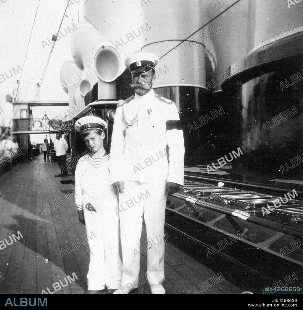 Tsar Nicholas II of Russia with his son, Alexei the Tsarevich. Alexei Nikolaevich (1904 – 17 July 1918)  the Tsarevich of the Russian Empire. He was the youngest child and only son of Emperor Nicholas II and Empress Alexandra Feodorovna. He was born with haemophilia, his mother's reliance on the faith healer Grigori Rasputin to treat the disease helped bring about the end of the Romanov dynasty.