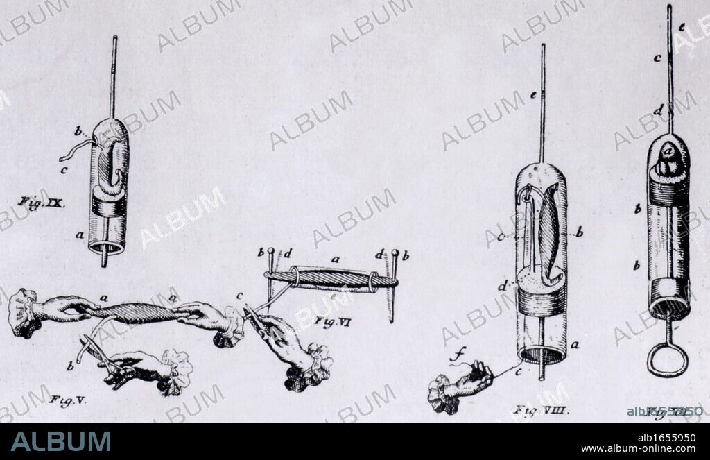 Jan Swammerdam (1637-1680) Dutch naturalist. Swammerdam's observations on the contraction of muscle. V: Dissected muscle with nerve attached (nerve-muscle preparation). VI: Nerve-muscle preparation in glass tube, tendons attached to pins. When nerve pinched, the muscle contracts and fills VIII: Nerve-muscle preparation in glass tube, one end closed with a cork, the other having narrow tube with water droplet at e. Nerve pulled by thread c. IX: Similar to VIII. Engraving from "Biblia Naturae" by Jan Swammerdam (1737-1738). (Photo by: Universal History Archive/UIG via Getty Images).