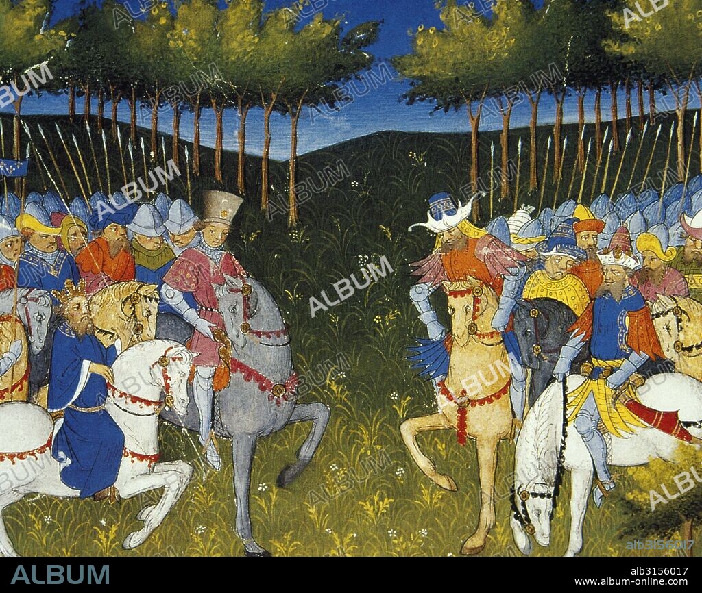 Middle Ages. Ogier the Dane facing the Saracen troops. Miniature, 15th century. Conde Museum. Chantilly castle. France.