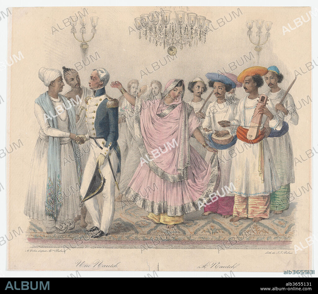 Une Nautch; from Twenty four Plates Illustrative of Hindoo and European Manners in Bengal. Artist: Alexandre-Marie Colin (French, Paris 1798-1875 Paris); Jean Jacques Belnos (French, active 1933); after Mrs. Belnos. Dimensions: Sheet: 10 11/16 × 12 5/16 in. (27.1 × 31.2 cm). Date: 1832.