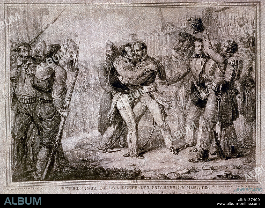 GRABADO - ABRAZO DE VERGARA ENTRE ESPARTERO Y MAROTO - S XIX.