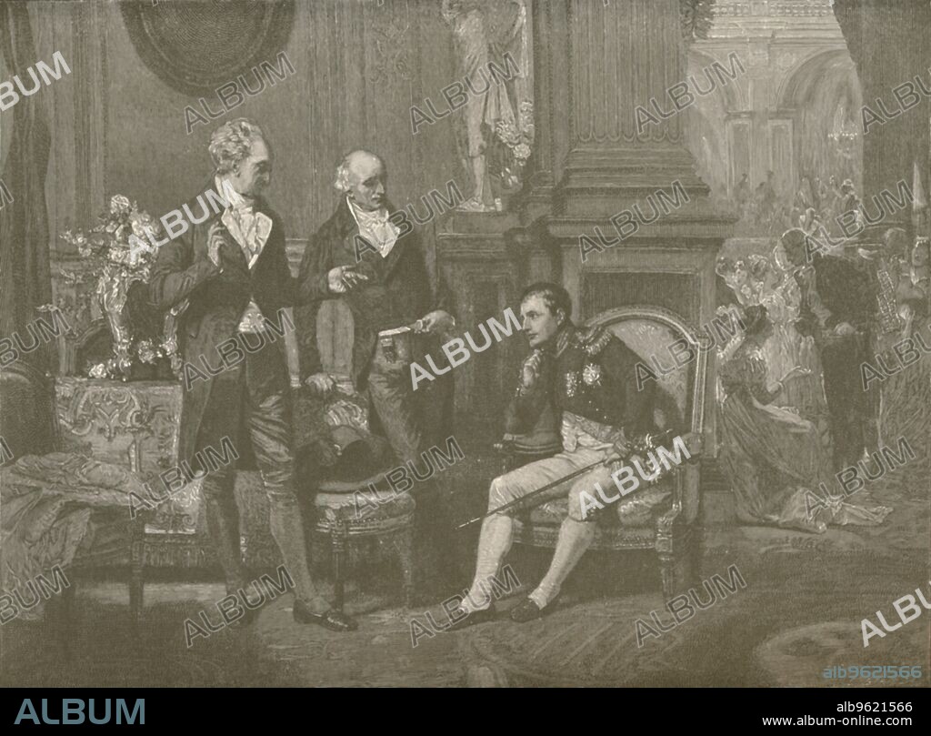 CHARLES J. STATE. 'Napoleon, Goethe and Wieland', 1808, (1896). On 6 October 1808, at Weimar in Germany, French Emperor Napoleon Bonaparte (1769-1821) met famous German literary figure Johann Wolfgang von Goethe and his fellow writer Christoph Martin Wieland. Engraving after the painting by Eugène-Ernest Hillemacher. From Life of Napoleon Bonaparte, Volume III, by William Milligan Sloane. [The Century Co., New York, 1896].