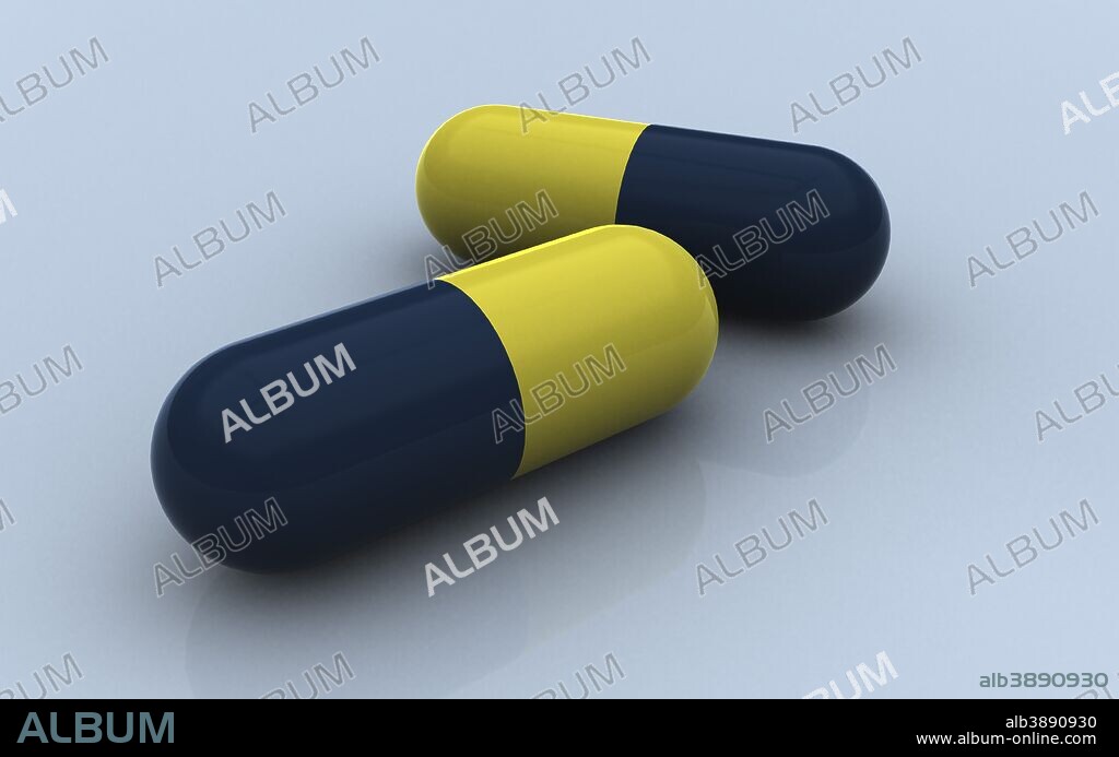 Blue and yellow medication capsules on colored background.