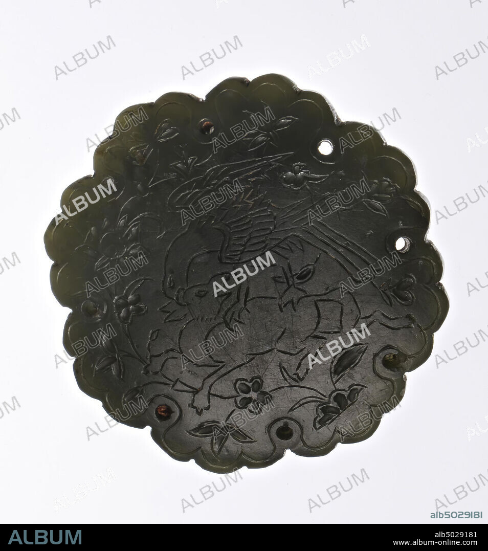 Vz: eagle attacking hare, scene surrounded by flowers and tendrils, gem, intaglio, jade, Color: dark green, Shape: round, flower-shaped, Processing: along edge 8 holes, Method: 48 x 48 mm, D. 6.5 mm, wt. 26.12 gr., Unknown.