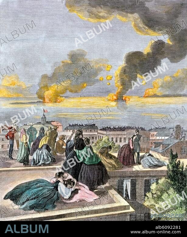 Citizens of Charleston watching the Confederate bombardment of Fort Sumter, starting the American Civil War, 1861. Handcolored woodcut of a 19th century illustration.