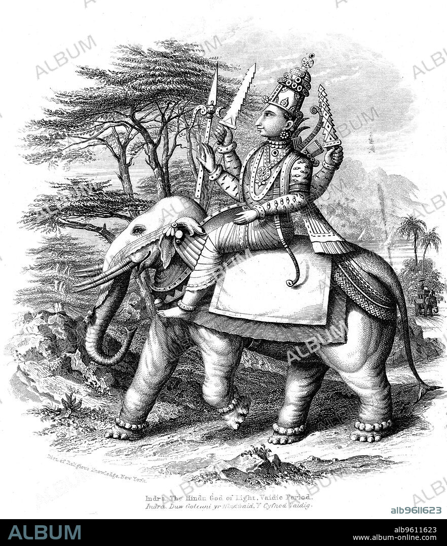 Indra, principal of the Vedic gods of India mounted on his elephant, c1880.