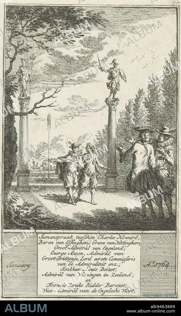 Conversation between Charles Howard, George Anson, Louis de Boisot and Francis Drake, Conversation between Charles Howard, Baron of Effingham, Count of Nottingham, Grand Admirâl of England; George Anson, Admirâl of Great Britain, Lord First Commissioner of the Admiralty etc.; Baron Louis Boizot, Lord First Commissioner of the Admiralty etc. Jonkheer Louis Boizot, Admirâl of Vlissiningen in Zeeland; and Francis Drake Knight Baronet, Vice Admirâl of the English Fleet (title on object), In pairs Charles Howard, George Anson, Louis de Boisot and Francis Drake walk in a garden. In the background two columns with statues of Neptune and (possibly) Minerva. At the bottom stated: January / Ao 1764., print maker: anonymous, publisher: Gerrit de Groot en Zoon, publisher: Pieter Meyer, Amsterdam, Jan-1764, paper, etching, height 126 mm × width 78 mm.