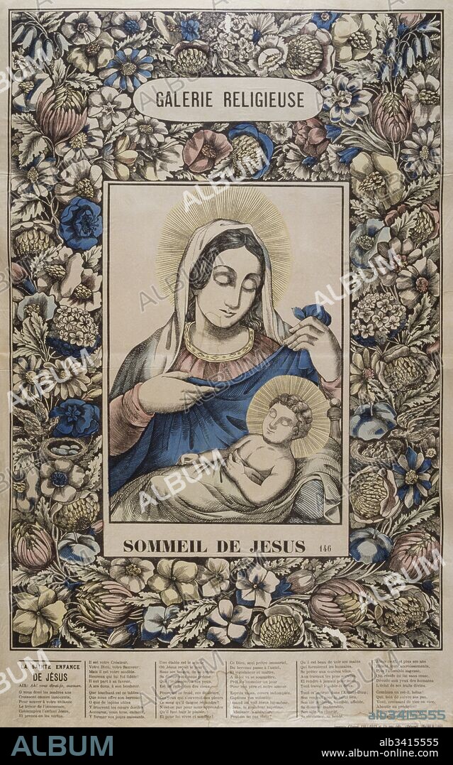 19th century, French, illustration, showing the Virgin Mary holding a sleeping baby Jesus. circa 1840.
