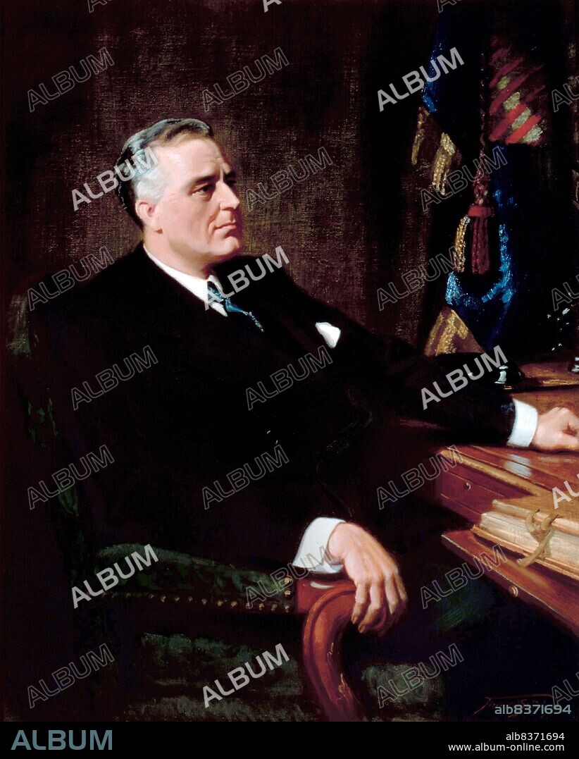 FRANK OWEN SALISBURY. Franklin Delano Roosevelt served as the 32nd President of the United States, from 1933 to 1945. A Democrat, he won a record four presidential elections and dominated his party after 1932 as a central figure in world events during the mid-20th century, leading the United States during a time of worldwide economic depression and total war.<br/><br/>. His program for relief, recovery and reform, known as the New Deal, involved a great expansion of the role of the federal government in the economy. As a dominant leader of the Democratic Party, he built the New Deal Coalition that brought together and united labor unions, big city machines, ethnic whites, African Americans, and rural white Southerners in support of the party.<br/><br/>. The Coalition significantly realigned American politics after 1932, creating the Fifth Party System and defining American liberalism throughout the middle third of the 20th century.
