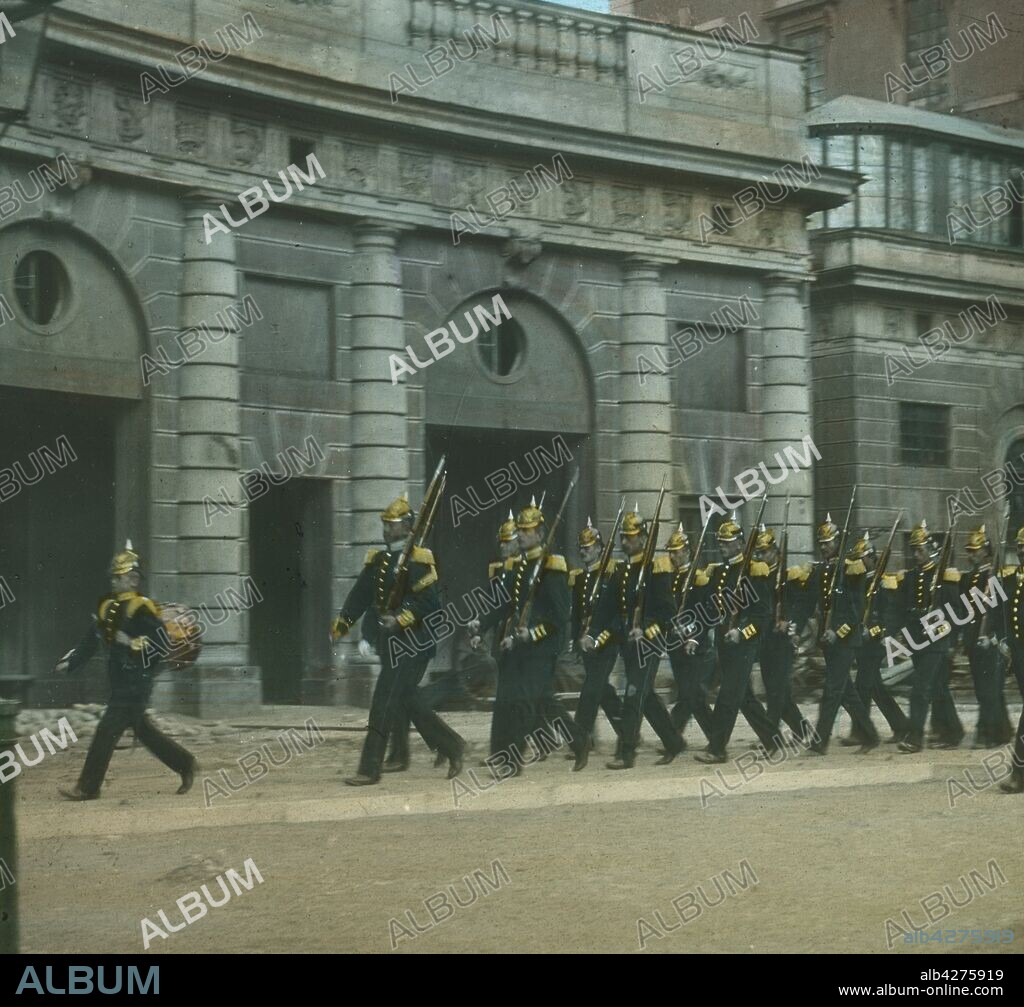 FRADELLE & YOUNG. Changing the Guard at the Palace, Stockholm, Sweden, late 19th-early 20th century. Royal guards at Stockholm Palace. Glass lantern slide.