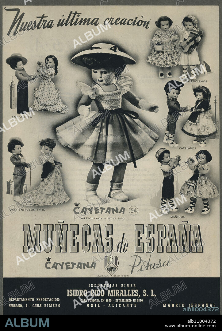 Publicidad. Anuncio de prensa de Muñecas de España, modelo Cayetana, de Industrias Rimer, Isidro Rico Miralles S.L. de Onil, Alicante. Año 1956.