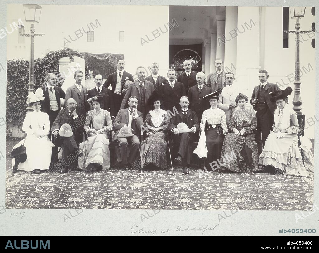 HERZOG AND HIGGINS. Camp at Udaipur. c.15 Nov 1902. Camp at Udaipur. Group portrait of the Viceroy's staff with Sir Arthur Martindale, Agent to the Governor-General in Rajputana and Residency staff.  Originally published/produced in c.15 Nov 1902. . Source: OIOC Photo 430/20(86),.
