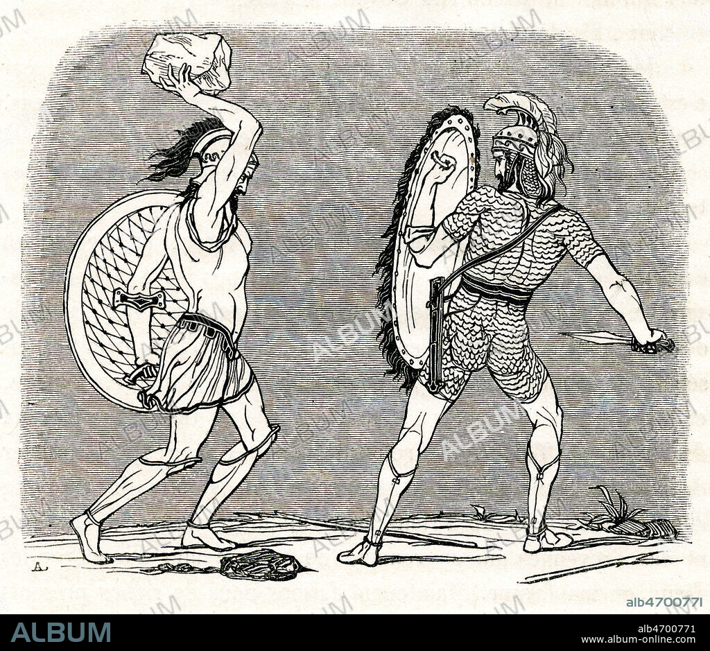 PRIAM lance une roche sur le bouclier d'AJAX (Livre VII). Illustration de 1843 par Aime de LEMUD (1816-1887) pour l'Iliade de HOMERE traduit par Eugene BARESTE (1814-1861). Credit : Collection Jonas/Kharbine-Tapabor.