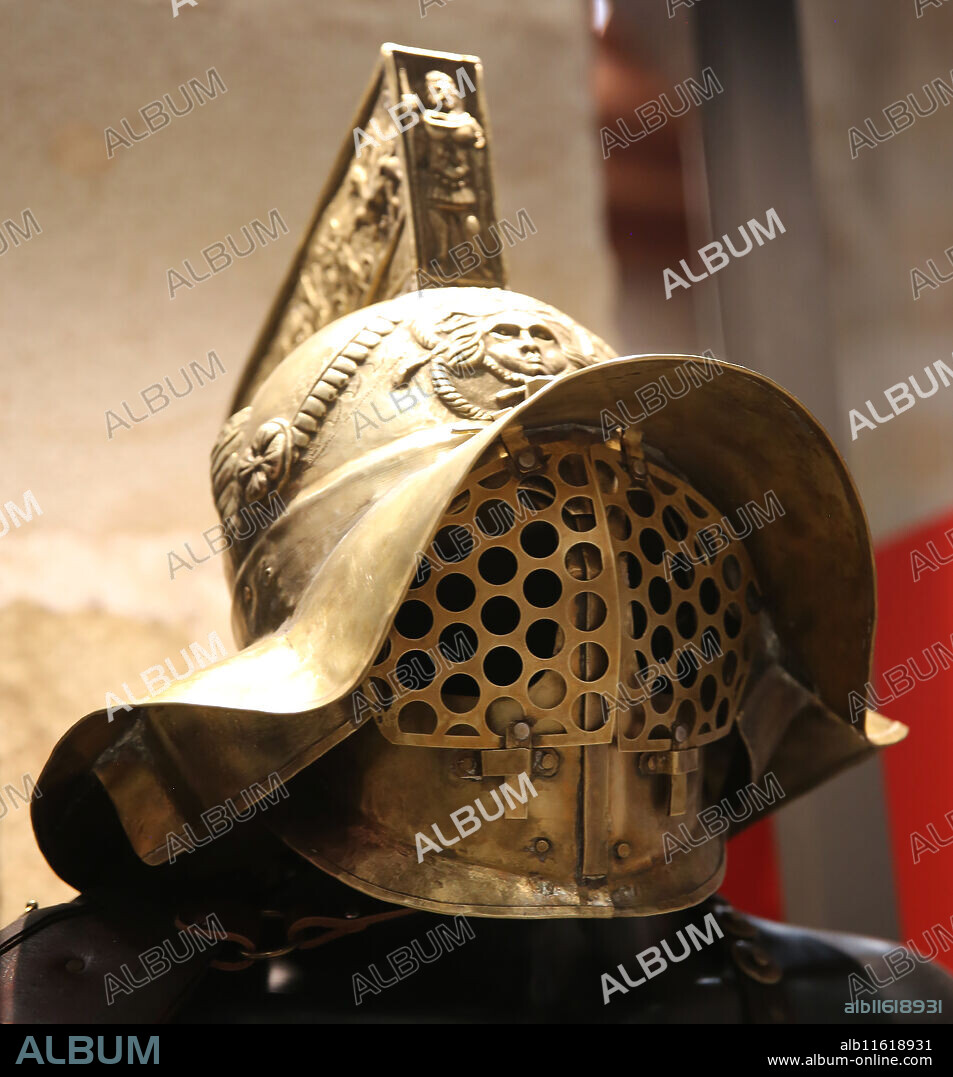 Reconstruction of the Mirmillo gladiator's weaponry. 1st century AD.  Helmet. Pompeii the last gladiator. Exposition. Spain.