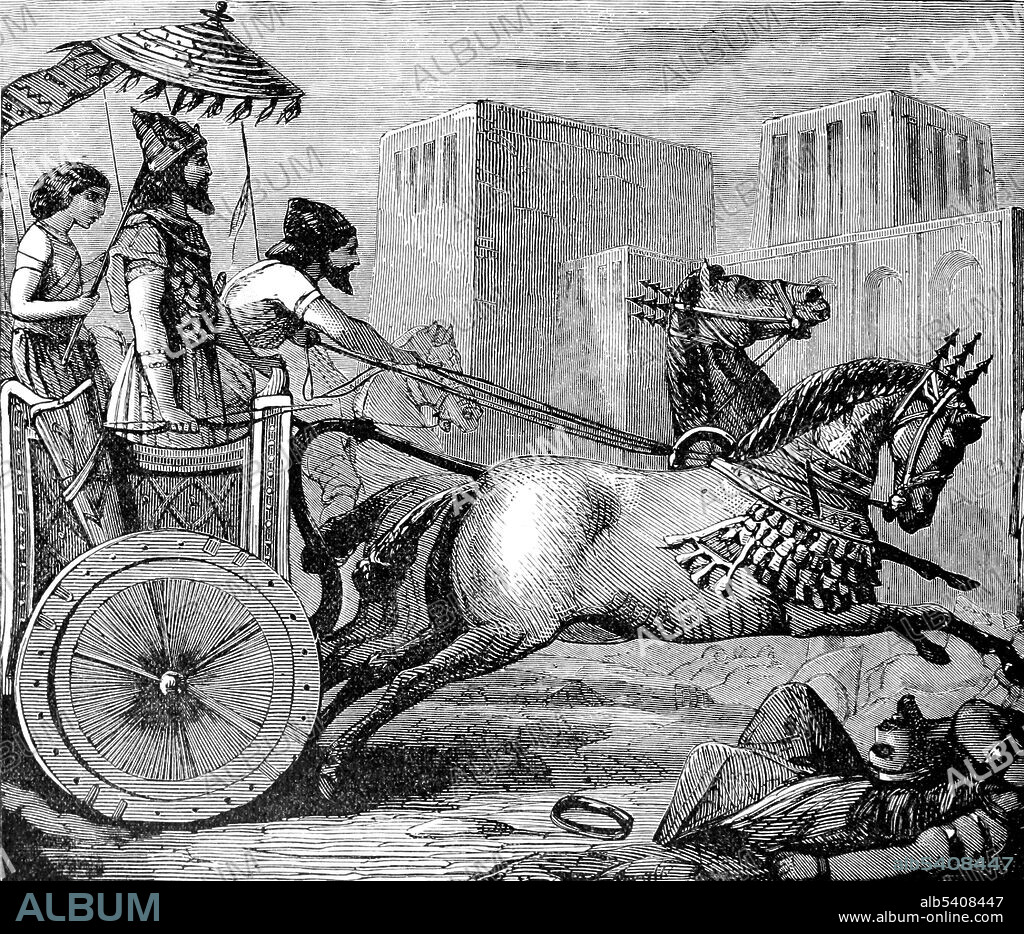 Cyrus II of Persia (600 or 576 BC-530 BC) was the founder of the Achaemenid Empire. He is shown here entering Ecbatana, which became his summer residence. Illustration from Cyclopedia of Universal History by John Clark Ridpath, 1890.