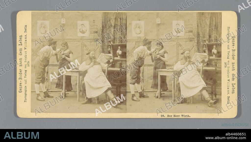 Hunter flirts with landlady while the landlady reads the newspaper Der Herr Wirth (title on object), news-sheet, pipe, tobacco, Sophus Williams (mentioned on object), Berlin (possibly), 1879, cardboard, albumen print, h 85 mm × w 176 mm.
