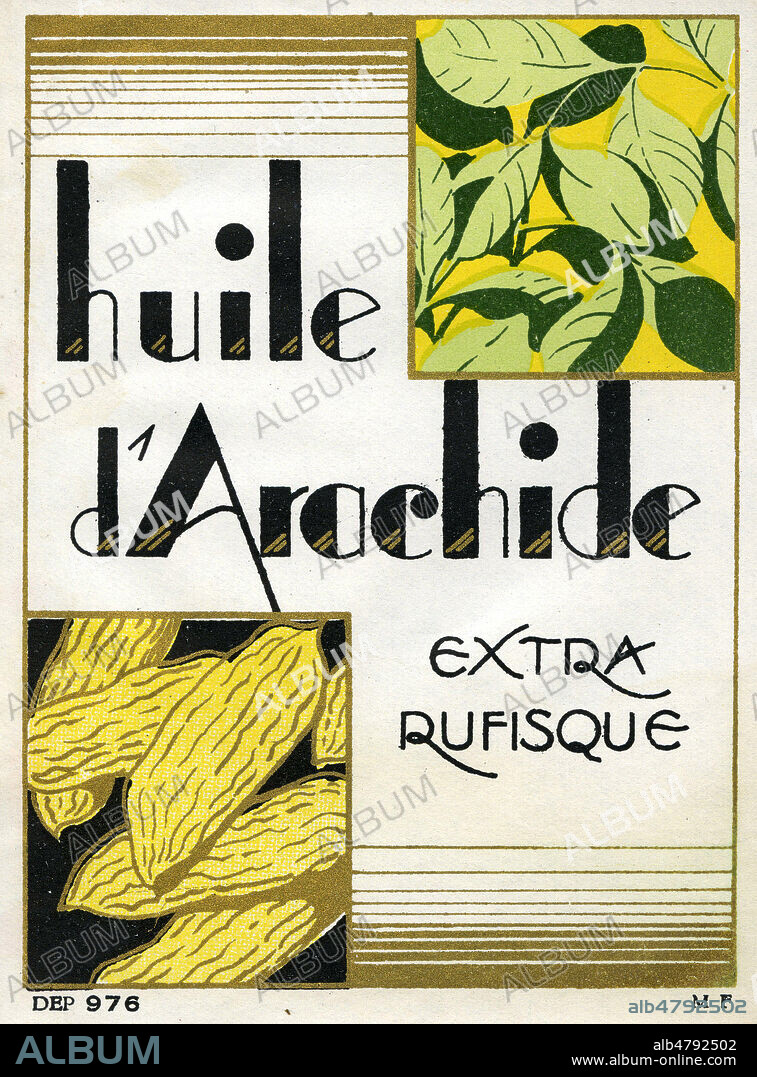 'Huile d'arachide extra rufisque'. Illustration anonyme pour une etiquette vers 1920 1925, 9x12 cm. Credit : Collection IM/KHARBINE-TAPABOR.