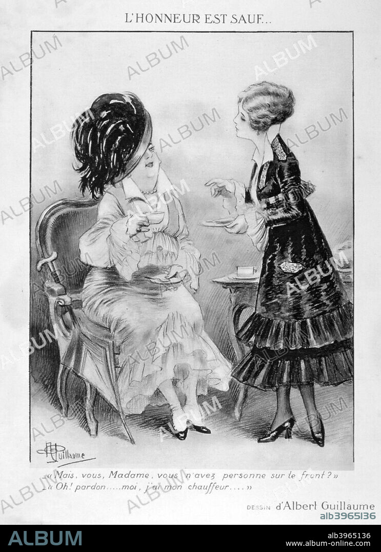 A caricature about two bourgeois French women, World War I, 1915. 'Madam, do you have anyone at the front?; Pardon, yes my chauffeur'. A print from the Le Flambeau (the Torch), 18th September 1915.