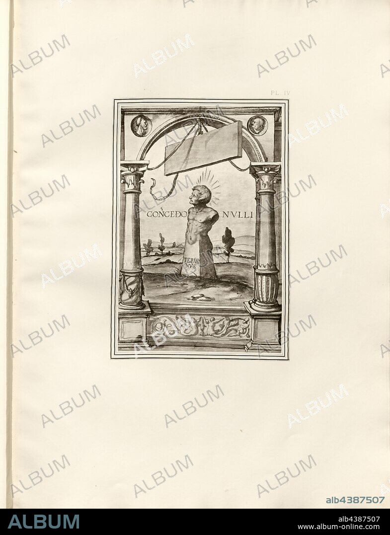 Terminus, Bust of the terminus behind a portico, motto Concedo nulli by Erasmus of Rotterdam, Pl. IV, after S. XLIII, Holbein, Hans (dess.); Boussod, Valadon & Cie (ed.), Eduard His: Dessins d'ornements de Hans Holbein: fac-simile en photogravure. Paris: Boussod, Valadon & Cie, Editeurs, 1886.
