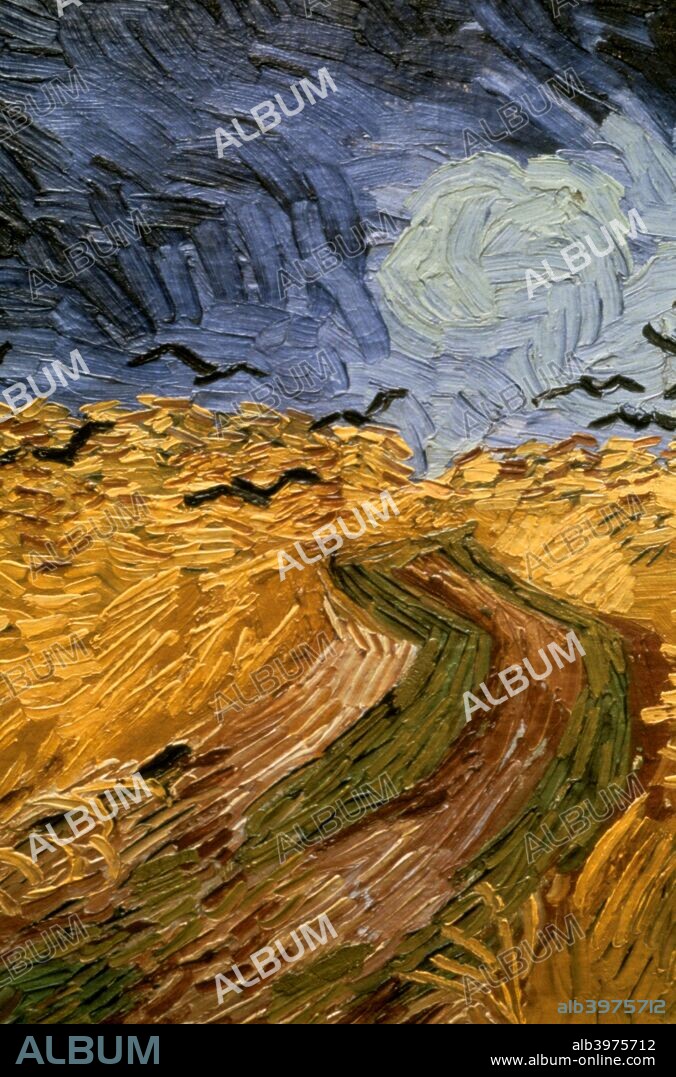 'Wheatfield with Crows', (detail) 1890. In Auvers, Van Gogh painted a large number of landscapes with wheatfields, all on unusual, elongated canvases (50 x 100 cm). He wrote to Theo about two of these works: They depict vast, distended wheatfields under angry skies, and I deliberately tried to express sadness and extreme loneliness in them. But these pictures also had a positive side: I am almost certain that these canvases illustrate what I cannot express in words, that is, how healthy and reassuring I find the countryside. Painted in the last weeks of his life. From the collection of the Van Gogh Museum, Amsterdam, Netherlands.
