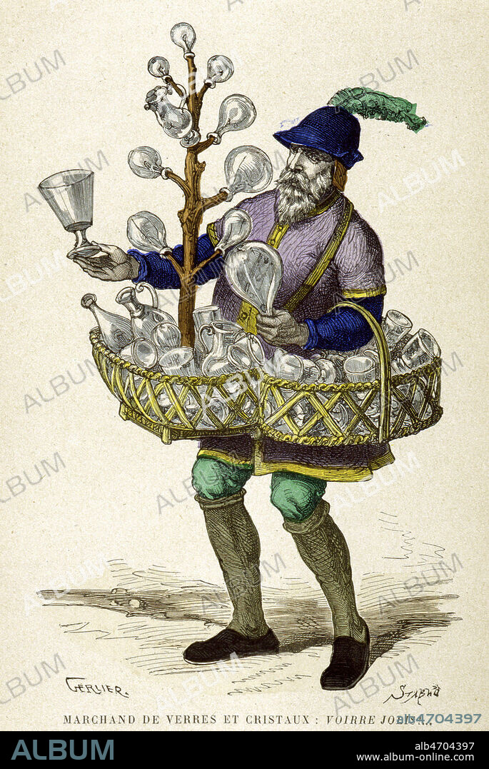 'Marchand de verres et cristaux'. Illustratio par GERLIER tiree de l'ouvrage 'Les parisiens a travers les siecles', par GENOUILLAC, vers 1880. Credit : Collection KHARBINE-TAPABOR.